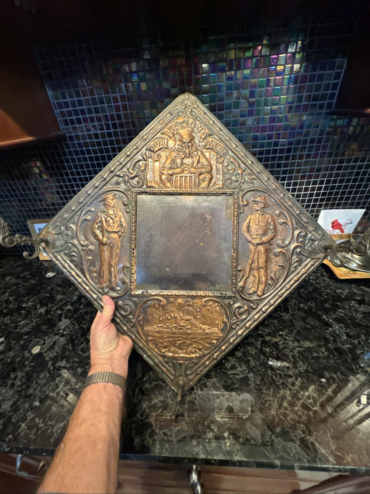 1890s Antique USS OLYMPIA Our Nations Pride Hammered Copper On Wood Mirror RARE