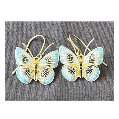 Sterling Silber 925 Emaille Schmetterling Ohrhänger blau gelb schwarz 1 Zoll