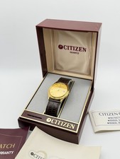 Citizen Quartz Men's Gold Tone Gold Dial Date 33mm Brown Leather Strap Box 80  s
