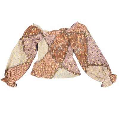 Pink Lily Cottagecore Fairycore Patchwork Peasant Blouse Gold Foil XS NWT