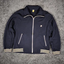 VTG Hang Ten Track Jacket Sweater Men's M Navy Blue Striped Knit Zip EUC