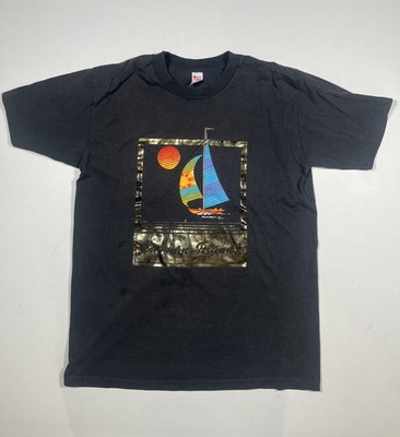 Vintage Cayman Islands Sailboat Shirt Mens XL Black Textile Prints Tee 80s USA