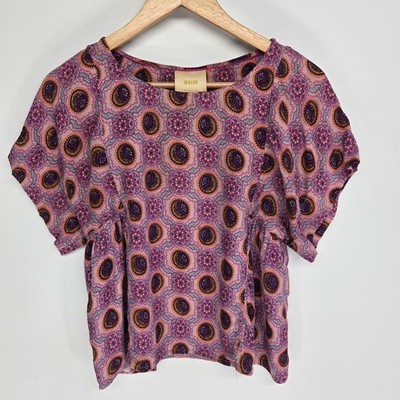 Maeve Milla Blouse XS Pink Medallion Floral Boho Short Sleeve Anthropologie Top