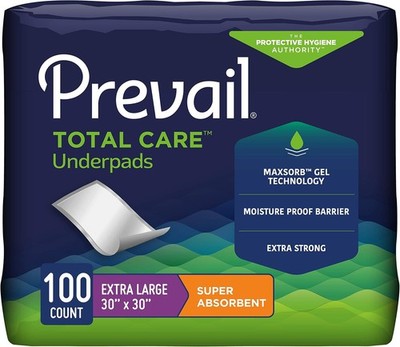 Prevail Total Care Disposable Underpad, 30'' x 30'', Super Absorb, Case of 100