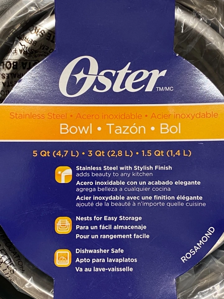 Nuevo con etiquetas Juego de cuencos anidadores de acero inoxidable Oster de 3, 5 cuartos, 3 cuartos, 1,5 cuartos de galón mezcla, sirve Foto 2 de 4