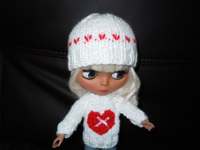 Hand Knitted White Valentine's Red Heart Sweater Hat fits 12'' Blythe Doll