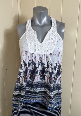 Almost Famous Women's Size M Crochet Tank Top Sleeveless White Blue Pasley Print