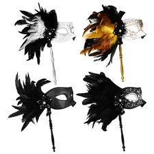 Women Feather Masquerade Half-Mask Holding Stick Ball Party Prom Halloween Gift
