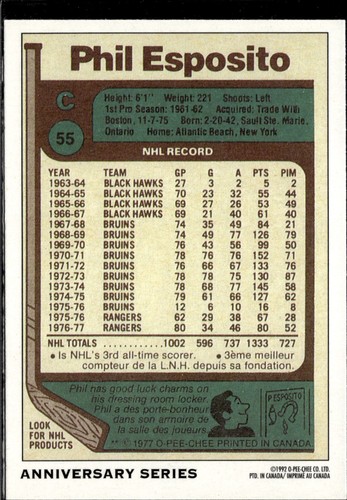 1992 O-Pee-Chee Anniversary Series #55 PHIL ESPOSITO New York Rangers - Picture 2 of 2