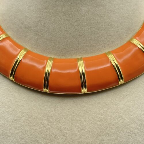 Kenneth Jay Lane Orange Enamel and Gold Stripes Golden Hinged Collar Necklace - Picture 2 of 12