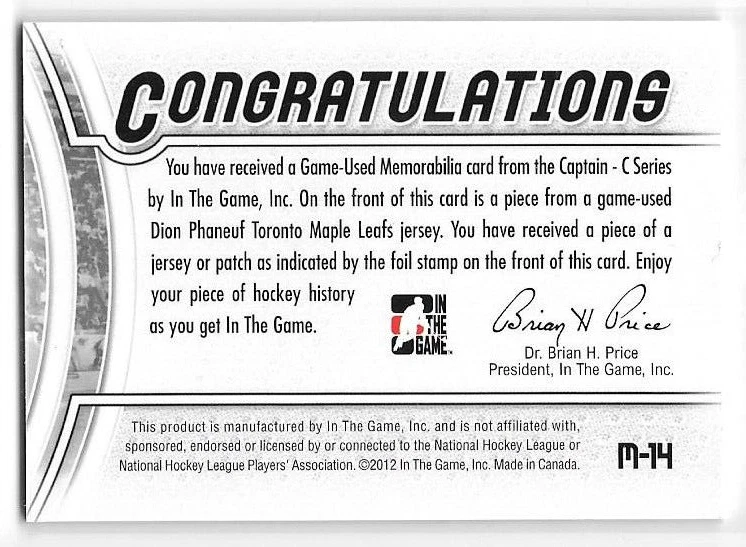 2011-12 Be a Player BAP ITG Captain-C Jerseys Silver #M14 Dion Phaneuf /90 - Image 2 of 2