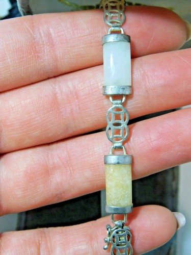 Vintage Plata de Ley 6 Lucky Deseos Celadon Verde Jadeíta Piedra Enlace Pulsera - Imagen 7 de 7