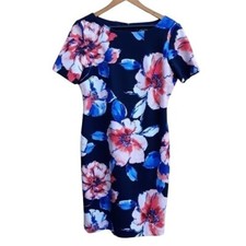 Chelsea Rose Dress Vibrant Tropical Floral Modest Short Sleeve Sheath Blue Sz 10