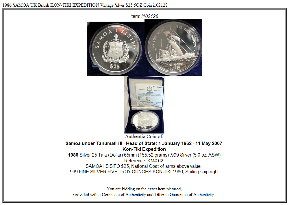 1986 SAMOA UK British KON-TIKI EXPEDITION Vintage Silver $25 1986 SAMOA UK British KON-TIKI EXPEDITION Vintage Silver $25
