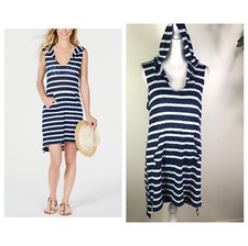 MIKEN SWIM women  s striped hooded swim cover-up pockets navy/white pullover Sz M