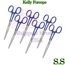 BLUE - 6 Kelly Hemostat Forceps 5.5" Straight Surgical Dental Instruments