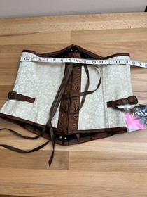 Womens Brown Cream Steampunk Brocade Lace Up Corset Bustier Top Size L