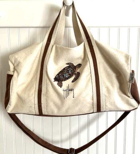 Guy Harvey Canvas Duffle Bag Shoulder Strap Travel Overnight 20”x 9” Sea Turtle