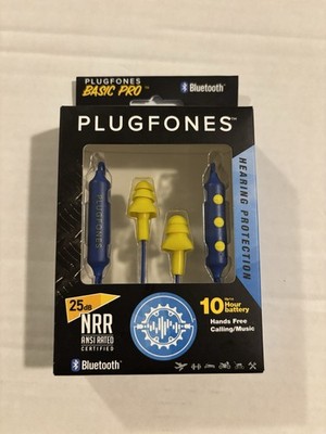 Plugfones Basic Pro Wireless Earplug Headphones, 25dB Noise, Mic (Blue/Yellow)