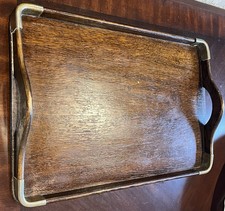 Antique Oak Butlers/serving Tray With Handles Metal Corners