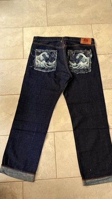 RMC Red Monkey Company Men's Embroidered Denim Jeans Blue, Size 38