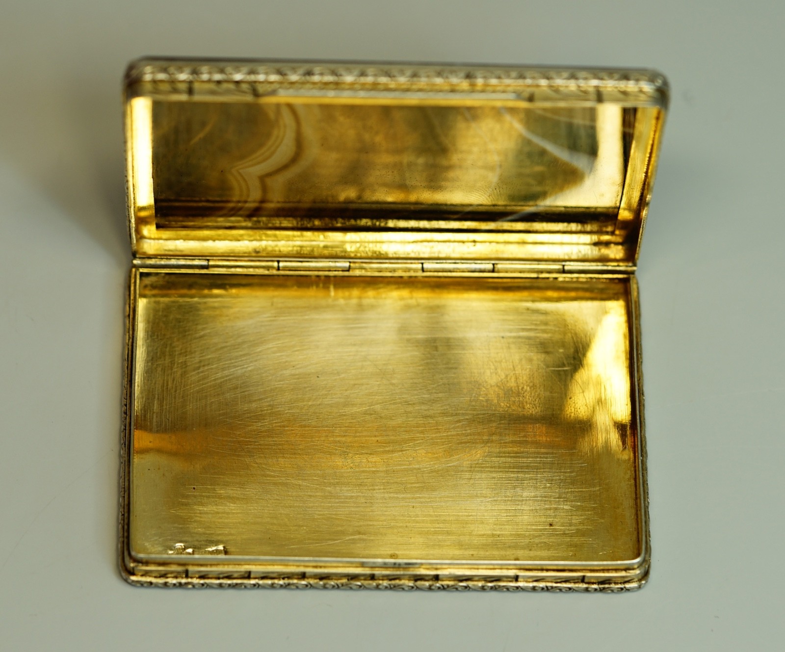 19c.Russian 84 Silver Banded Agate K.Faberge Business Card Box Case Foliate Back