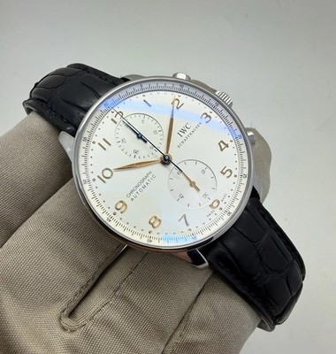 IWC Portuguese Chronograph Silver Dial Leather Steel Mens Watch IW371401 w/ Case