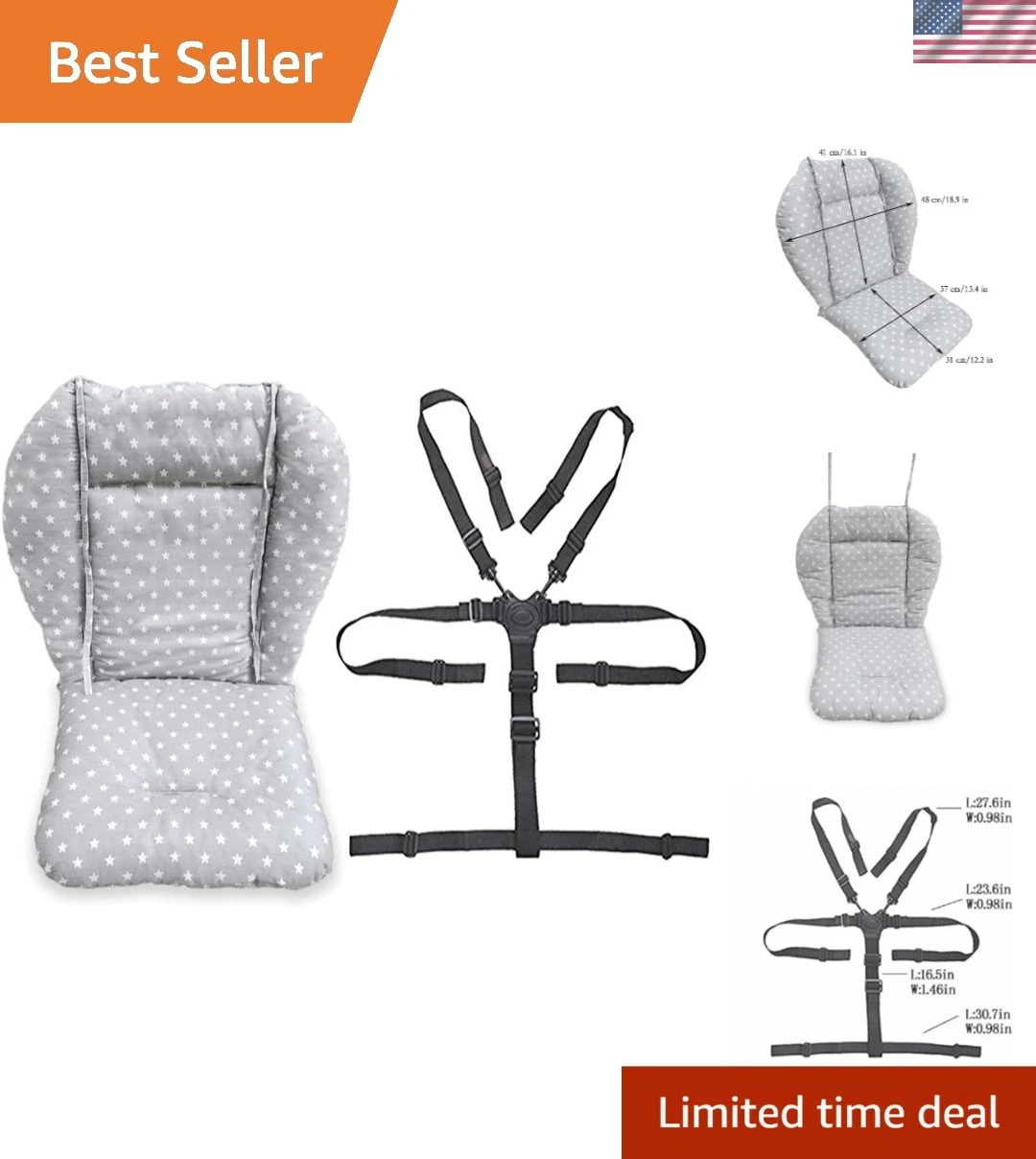 Elegant Fashion Gray High Chair Cushion & Safety Straps – Ideal for Babies