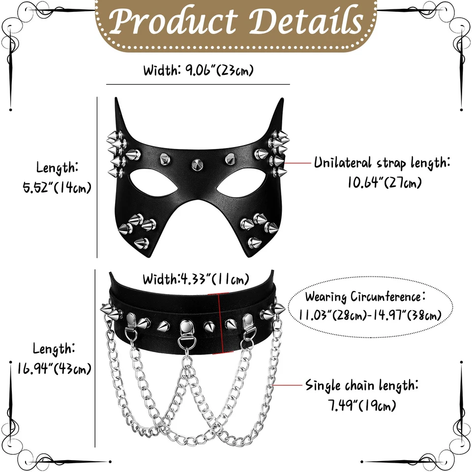 Máscara de gato punk para mujer 2 un. con gargantilla de cuero PU tachonada para disfraces de mascarada Foto 2 de 4