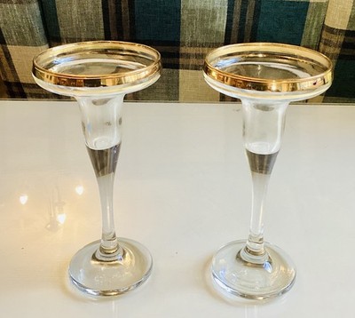 Paar Pasabahce Glas Sockel Kerzenständer vergoldet 17 cm Türkei Kreis Kunstglas