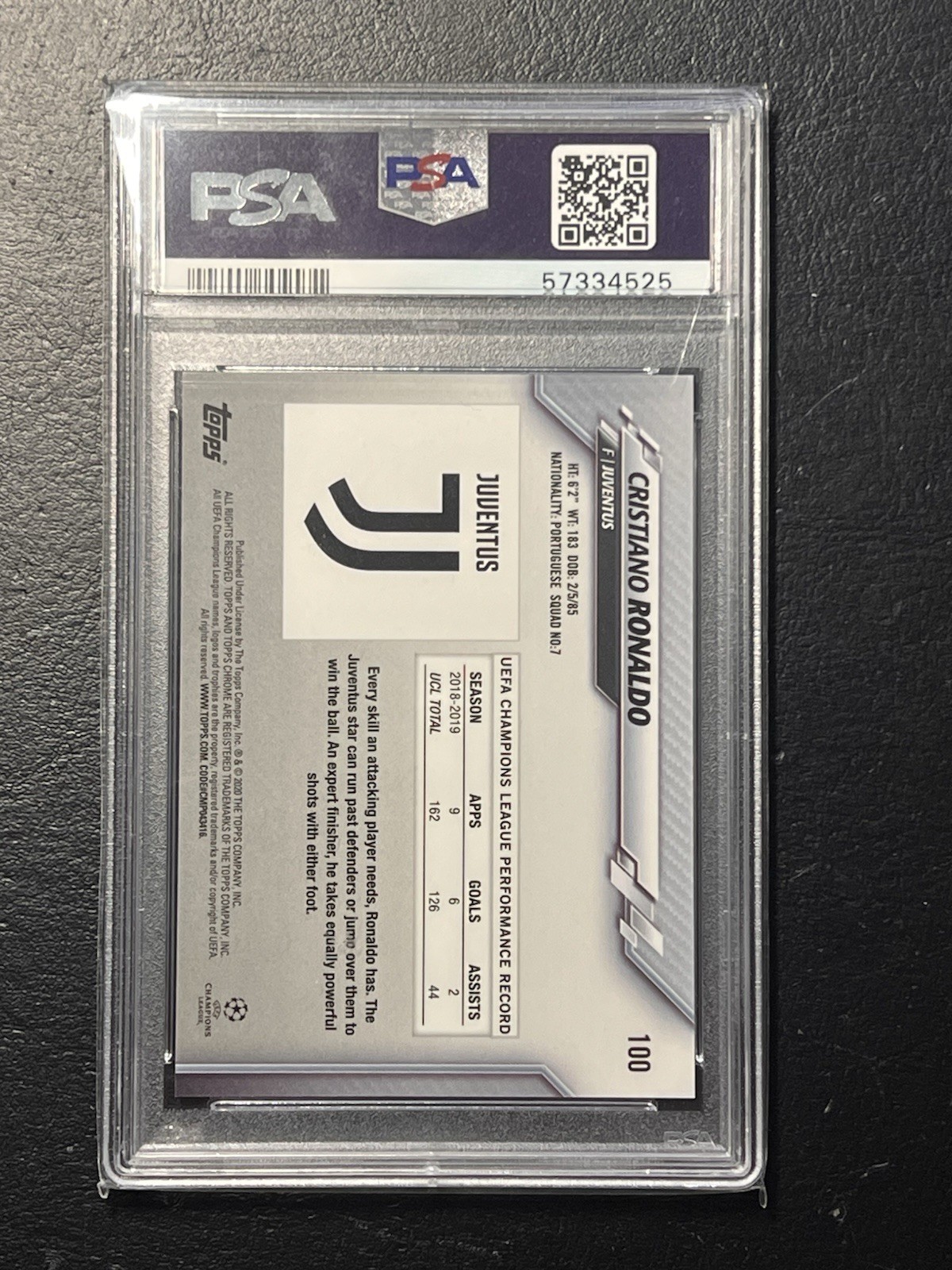 2019-20 TOPPS CHROME UCL SAPPHIRE #100 CRISTIANO RONALDO PSA 10 GEM MINT view 3