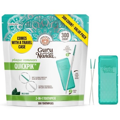 GuruNanda 2-in-1 QuickPik Toothpick & 300 Count (Pack of 1), Teal and White 