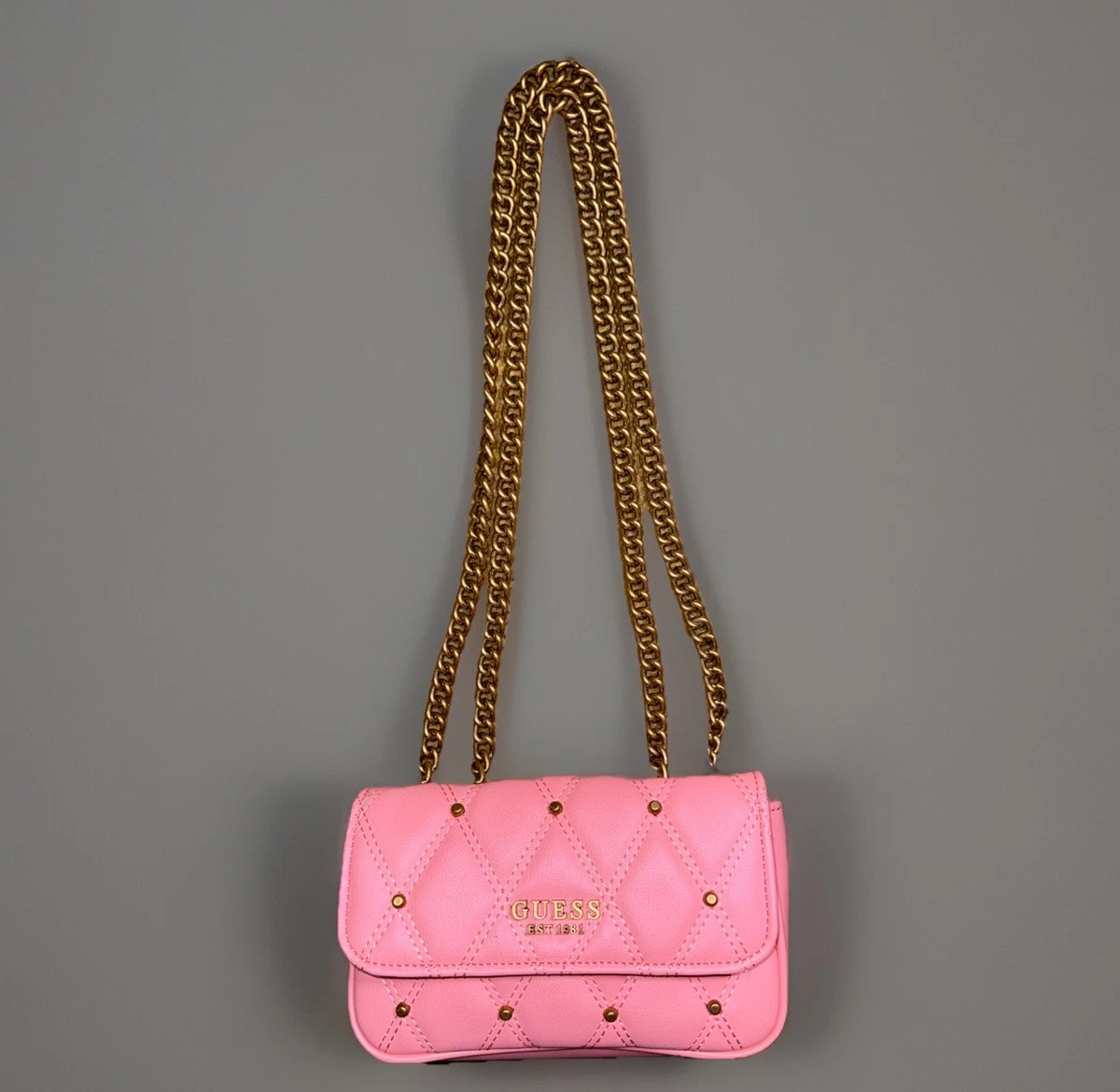 Guess Convertible Holly Color Pink‎ Block Shoulder Bag with Gold Chains Guess pink Giully Tweed Mini convertible crossbody... | Depop main image 3