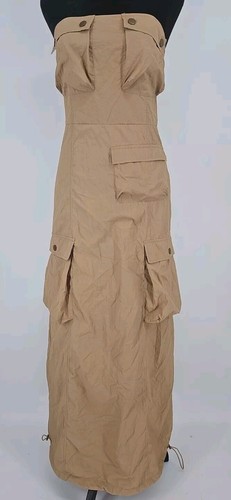 Y2K Khaki Utility Cargo Bandeau Maxi Dress - Size S NWT Cyber Grunge - Picture 2 of 7