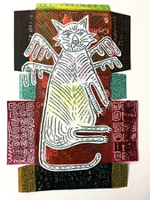 Outsider Art Cesar Araos Artwork painting on paper  "GATO CON ALAS N’2