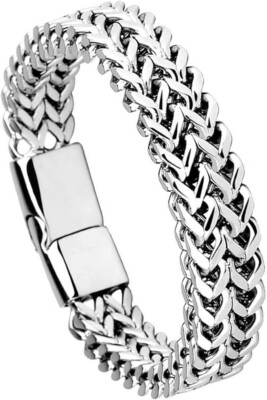 Stainless Steel Double Row Cuban Link Bracelet with Metal Magnetic Clasp for Men