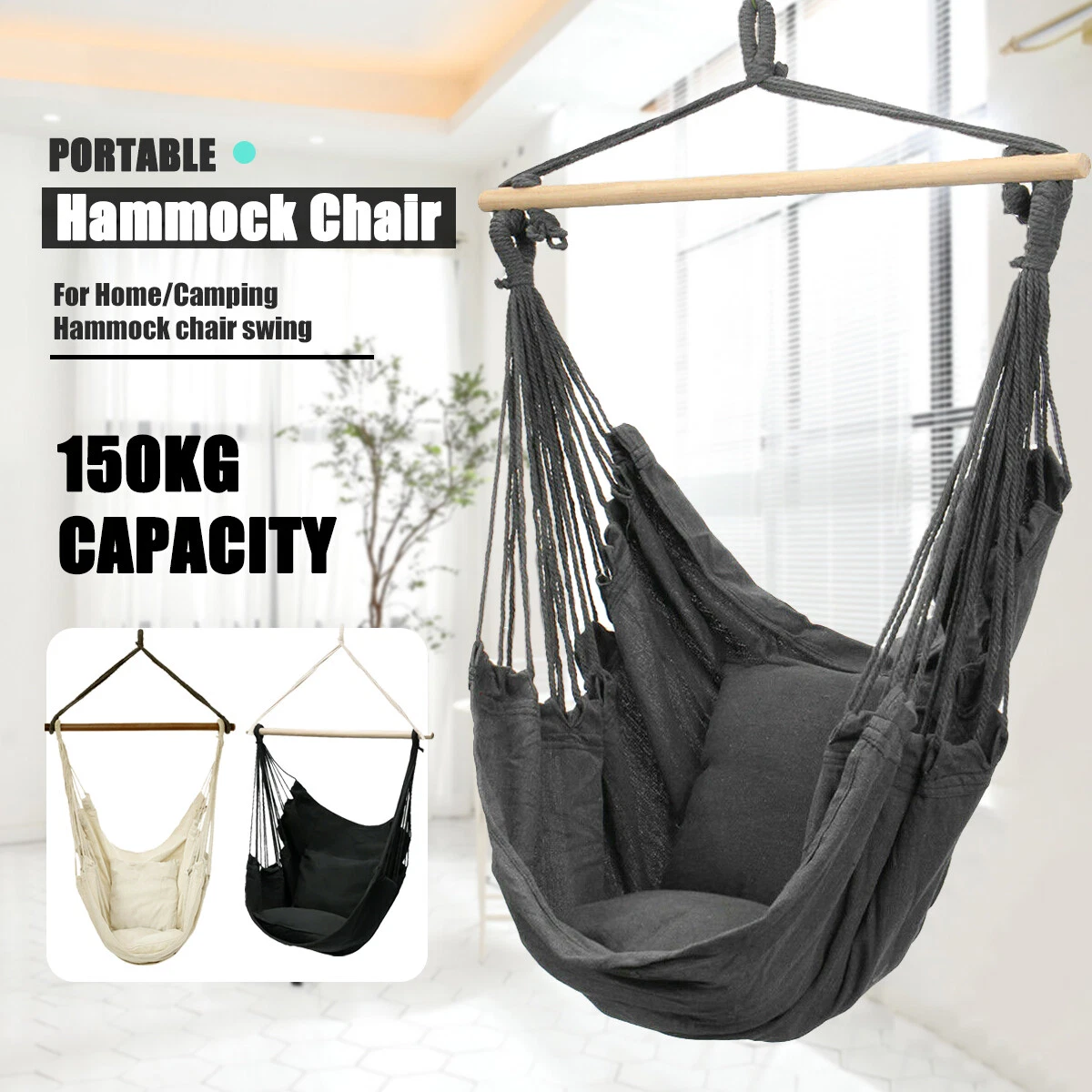 Portable Hanging Hammock Chair Swing Garden Outdoor Camping Soft with 2xCushions - Picture 1 of 21