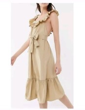 Urban Outfitters Ruffle Cotton Poplin Midi Dress Khaki Tan Beige XS NWOT