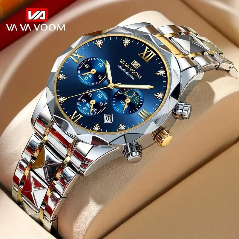 Luxury Men Quartz Watch Multifunctional Blue Gradual Golden