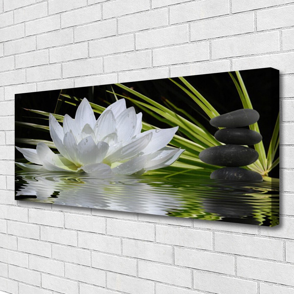 Tableau fleur et galets zen 125x50 cm impression sur toile grand format pour salon
