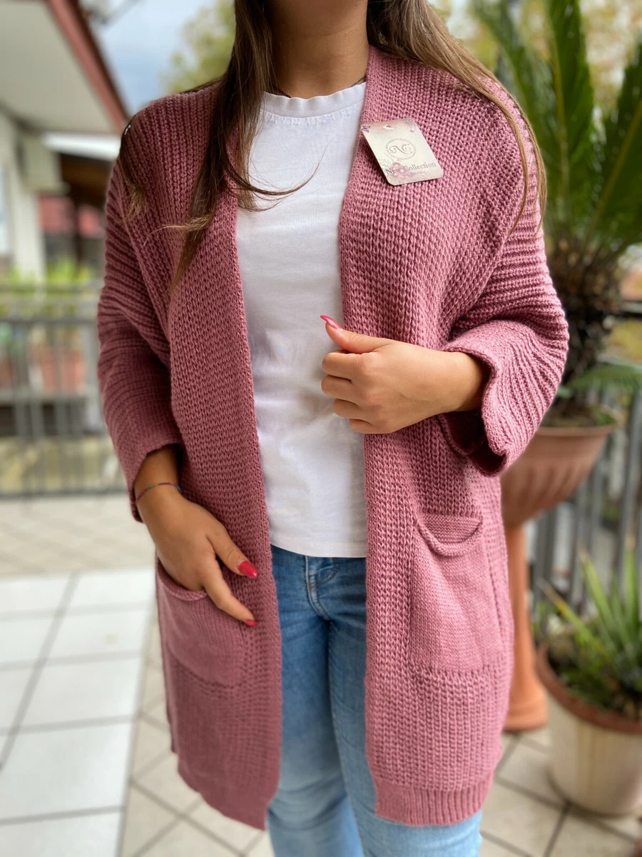 Cardigan Lungo Donna Con Tasche, Girocollo, Vestibilità Oversize, Tinta Unita, Casual