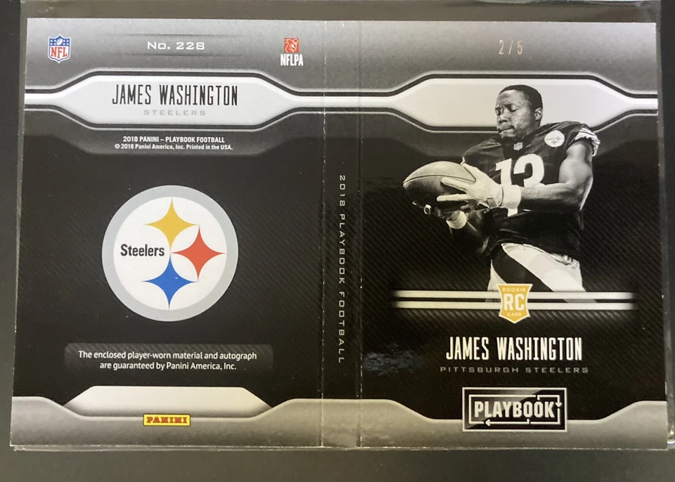 2018 James Washington Playbook RC Auto Glove Patch #2/5 3CLR Booklet RPA Panini - Image 3 of 4