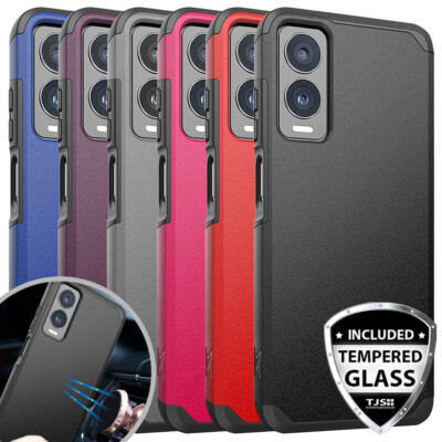 For Cricket Debut S3 Phone Case Mount Friendly Hard Hybrid Cover+Tempered Glass
