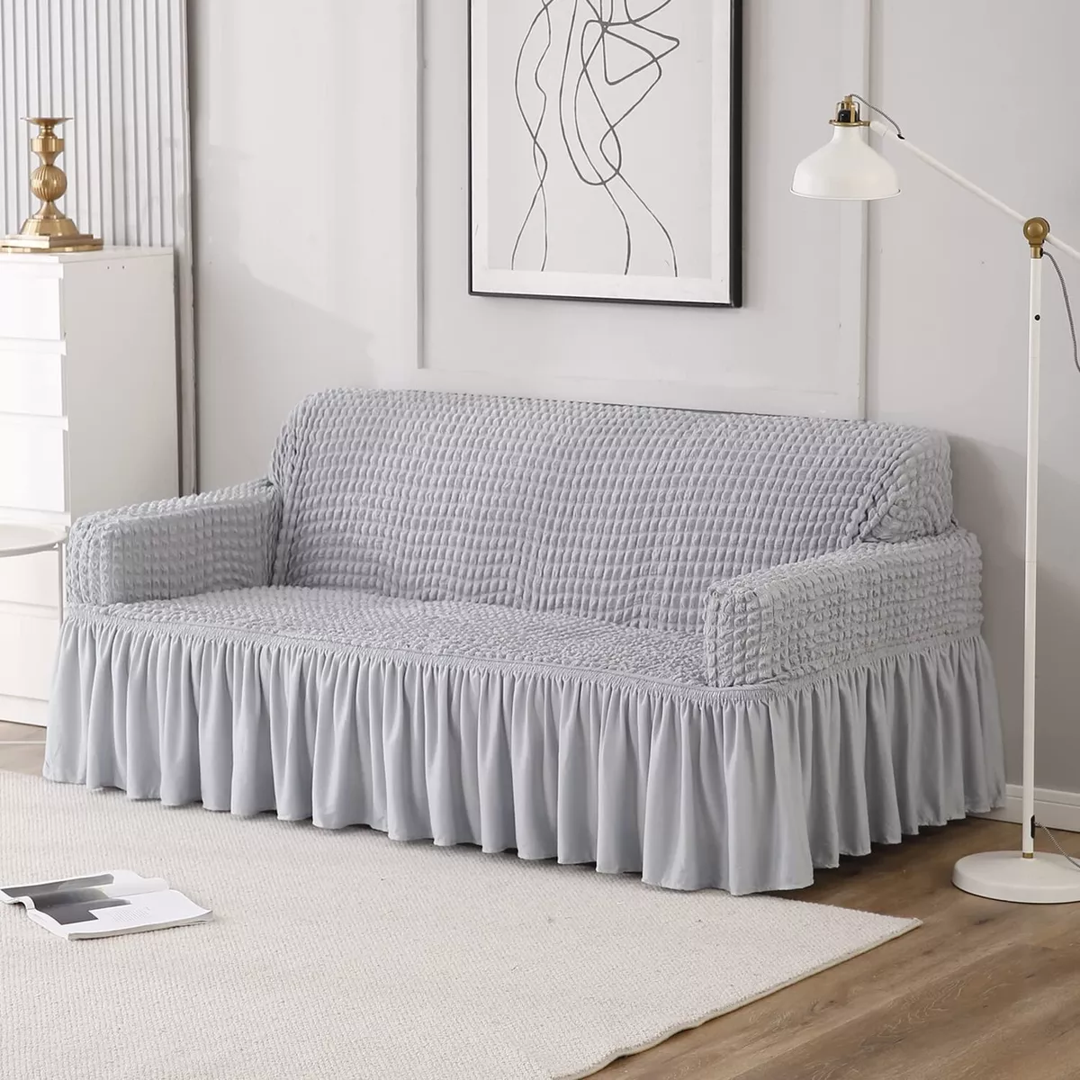 Stylish Unique Design Stretchable Sofa Cover With Skirt 3 Seater Grey Color