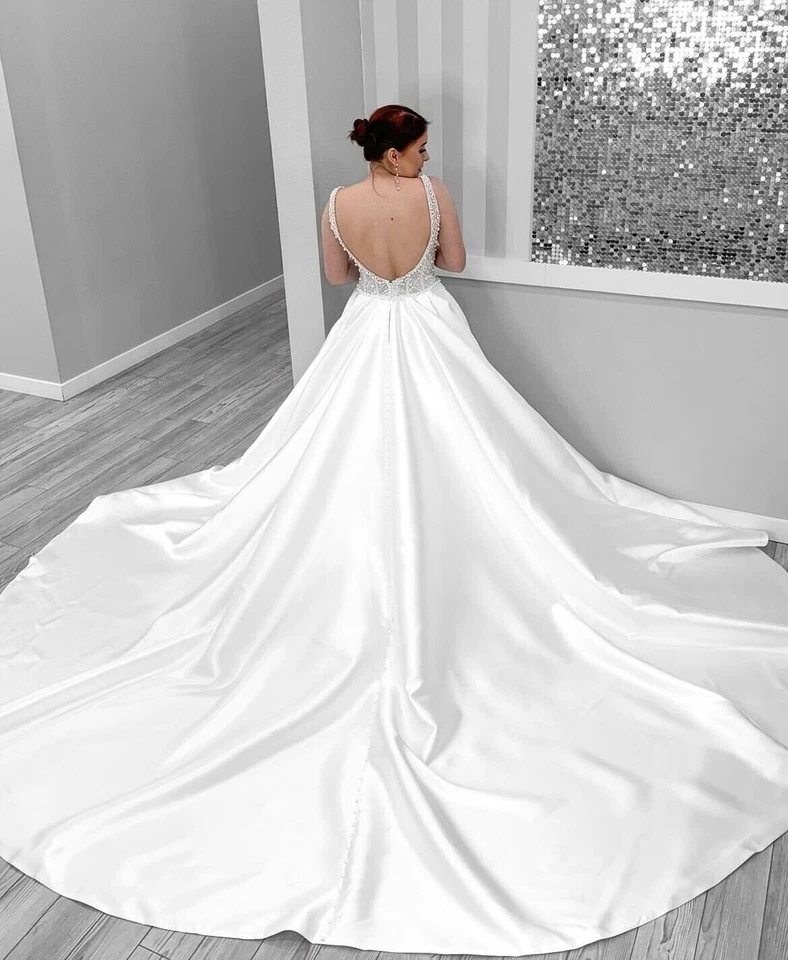 Elegantes vestidos de noiva de cetim com alças de miçangas sem costas gola quadrada vestidos de noiva - Imagem 3 de 4