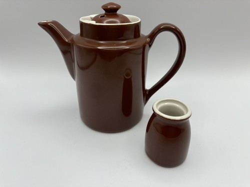 Hall Tea Coffee Pot With Mini Creamer Ceramic Brown Teapot Vintage Made USA MCM - Picture 2 of 10