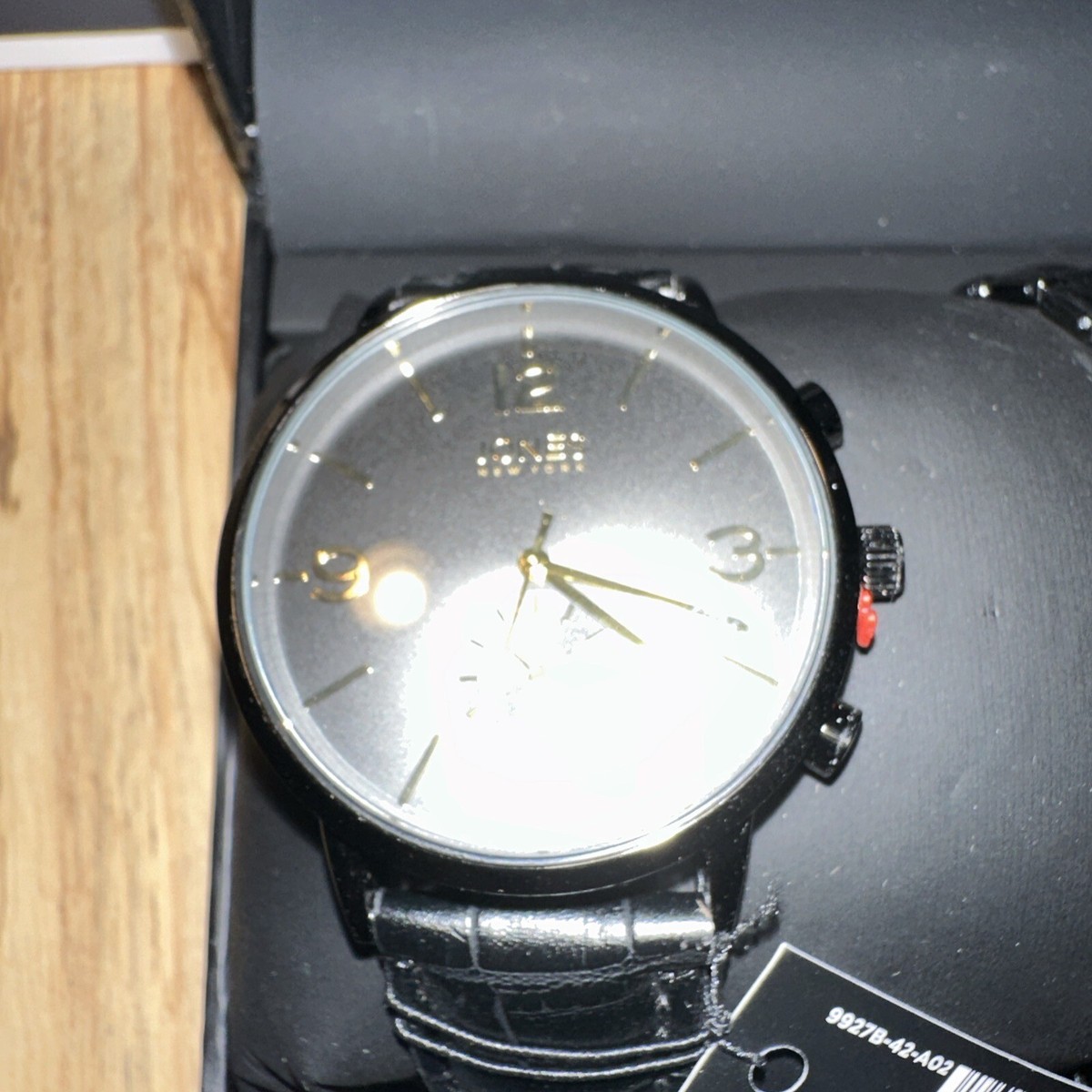 Jones New York Men's Analog Black PU Watch and Bracelet Set 42mm