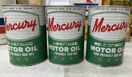 3 LOT Vintage MERCURY Refined MOTOR OIL Old Metal Collectible Can One QUART BANK