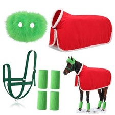 7 Pcs Christmas Horse Accessory Set Xmas Elf Horse Cape Red, Green Santa