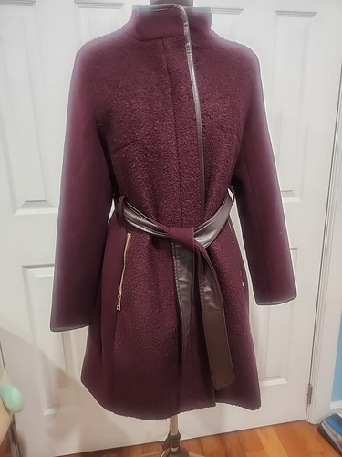 Nine West Wool Blend Purple Jacket Full Zip Belt Size L Lined Mock Neck Coat - Picture 13 of 18